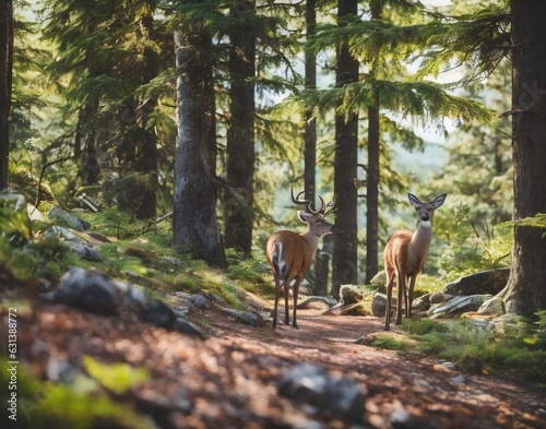 deer in the midst of forests and mountains