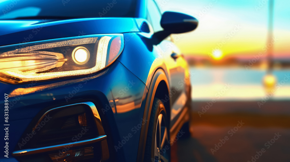 Compact SUV car and modern design on concrete road at the sea of beautiful sunset background , Front view of luxury new SUV car , Generative Ai Technology