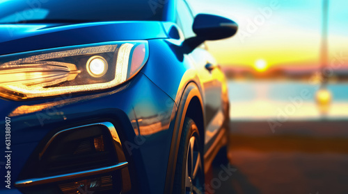 Compact SUV car and modern design on concrete road at the sea of beautiful sunset background , Front view of luxury new SUV car , Generative Ai Technology © Atchariya63