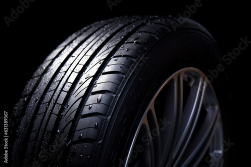 Close-up of wet vehicle tyre against black background with copy space © alisaaa