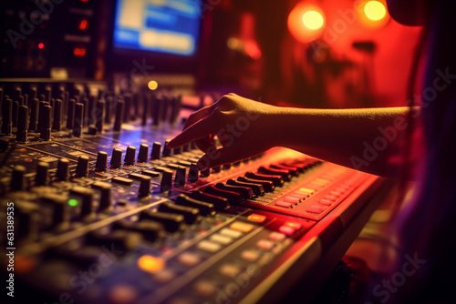 Close-up of woman's hand adjusting buttons on audio mixer in recording studio, neon lights