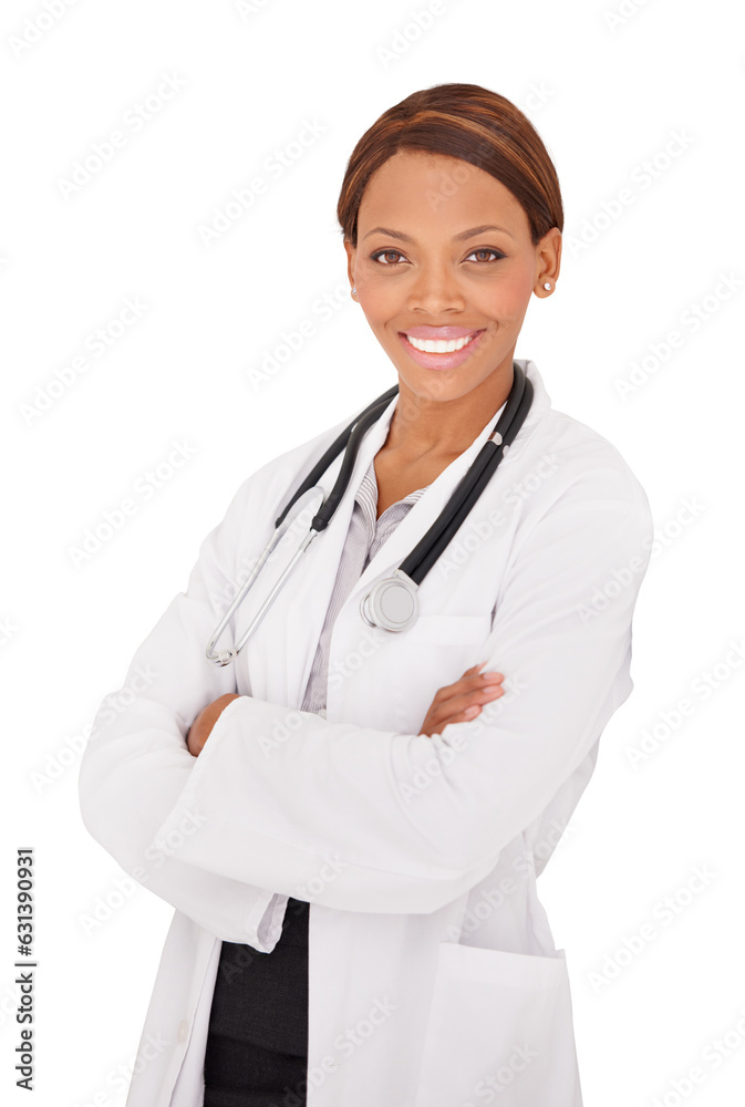 Happy black woman, portrait and doctor with arms crossed isolated on a transparent PNG background. African female person, medical or healthcare professional smile in cardiology job or career ambition Happy black woman, portrait and doctor with arms crossed isolated on a transparent PNG background. African female person, medical or healthcare professional smile in cardiology job or career ambition