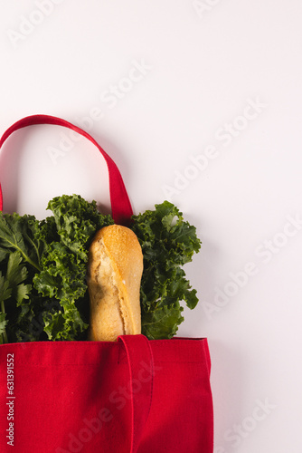 Red canvas bag with baguette and green salad vegetables and copy space on white background