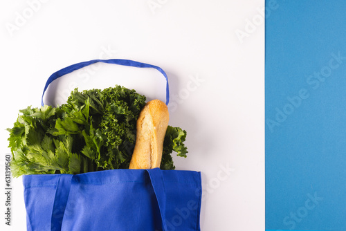 Blue canvas bag with baguette and green salad vegetables and copy space on white and blue background