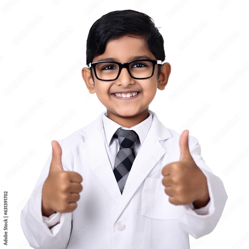 front view close up of a indian boy model dressed in Psychologist costume with thumbs up isolated on a transparent white background