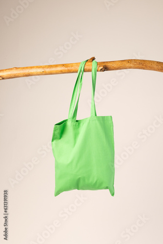 Green canvas bag hanging from wooden branch with copy space on white background