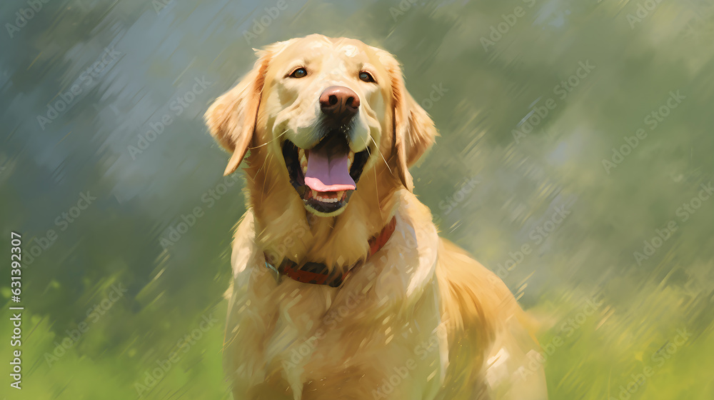 Smiling face of  golden retriever dog in the garden with flower background