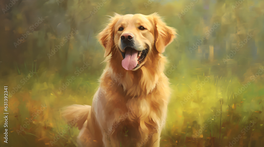 Smiling face of  golden retriever dog in the garden with flower background