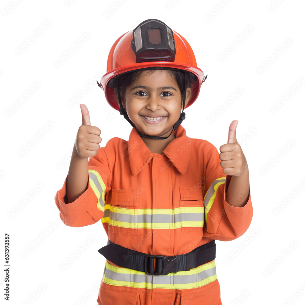 front view close up of a indian girl model dressed in Firefighter costume with thumbs up isolated on a transparent white background