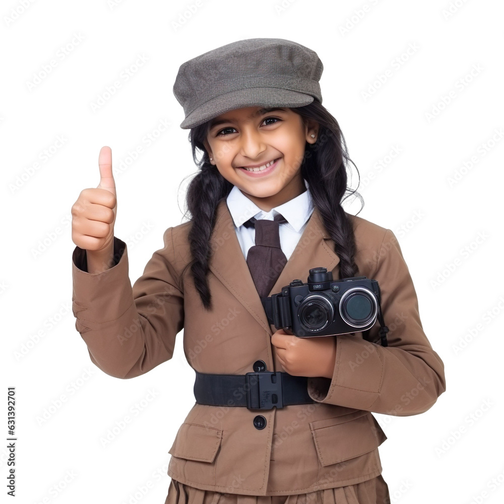 front view close up of a indian girl model dressed in Journalist costume with thumbs up isolated on a transparent white background front view close up of a indian girl model dressed in Journalist costume with thumbs up isolated on a transparent white background