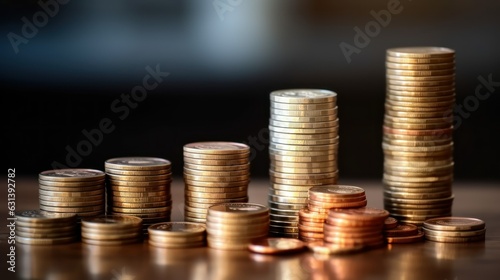 Coins stack. Pile of money from dollar coins. Profit, income, casino, economy, profit. Photo