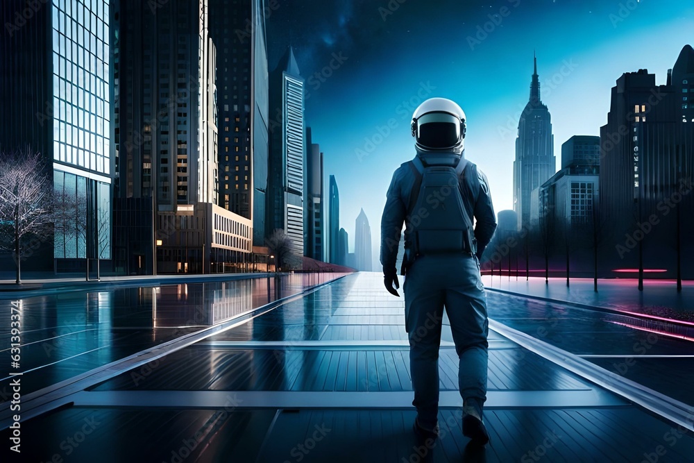 astronaut moving towards the city astronaut moving towards the city