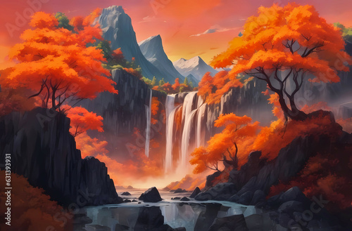 Landscape with waterfalls, trees with orange leaves and mountains in the background, anime style © saurav005