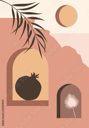 Posters with stairs of abstract architecture. Modern print in boho style.
