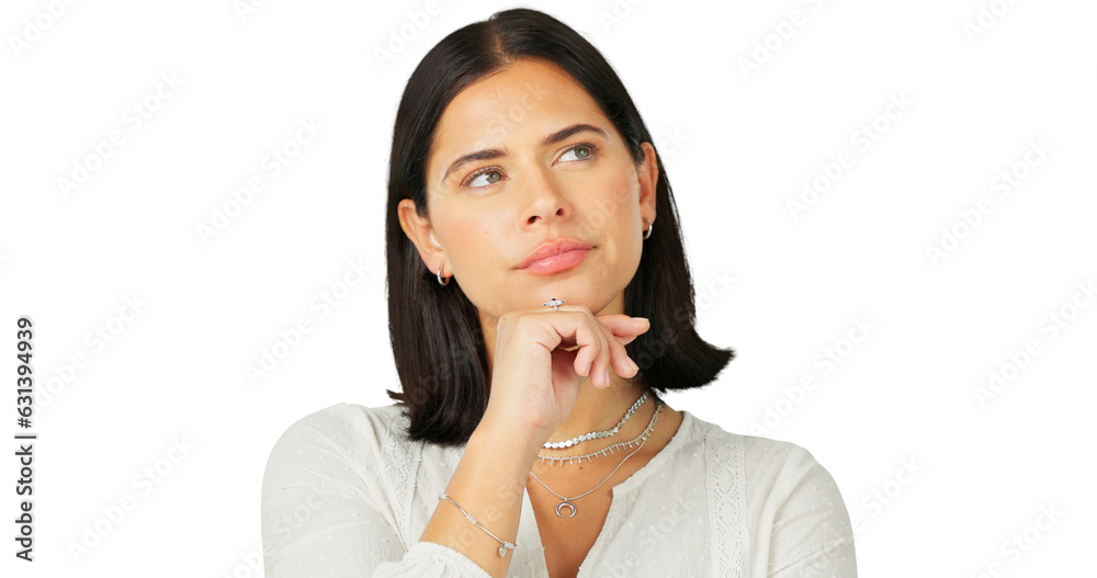 Thinking, idea and decision with a young woman to consider an option. Face, question and problem solving with female person isolated on transparent, png background with doubt, solution or inspiration Thinking, idea and decision with a young woman to consider an option. Face, question and problem solving with female person isolated on transparent, png background with doubt, solution or inspiration