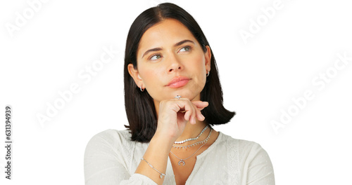 Thinking, idea and decision with a young woman to consider an option. Face, question and problem solving with female person isolated on transparent, png background with doubt, solution or inspiration photo