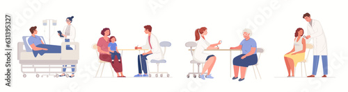 Set of doctors and patients. Consultation, diagnostics, treatment of children and adults. Collection of medical service scenes. Vector characters flat cartoon illustration.