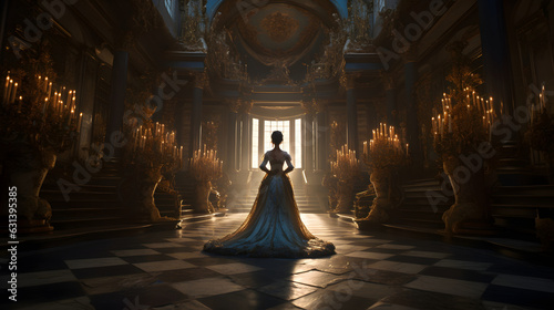 Alone woman in Baroque dress standing inside large abanodned mansion hall in Baroque style. Neural network generated in May 2023. Not based on any actual person, scene or pattern. photo