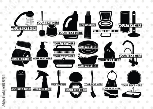 Bathroom Accessories Split Monogram, Bathroom Accessories Silhouette, Bathroom Accessories SVG, Washroom Accessories Silhouette, Bath Icons Set Svg, SB00063