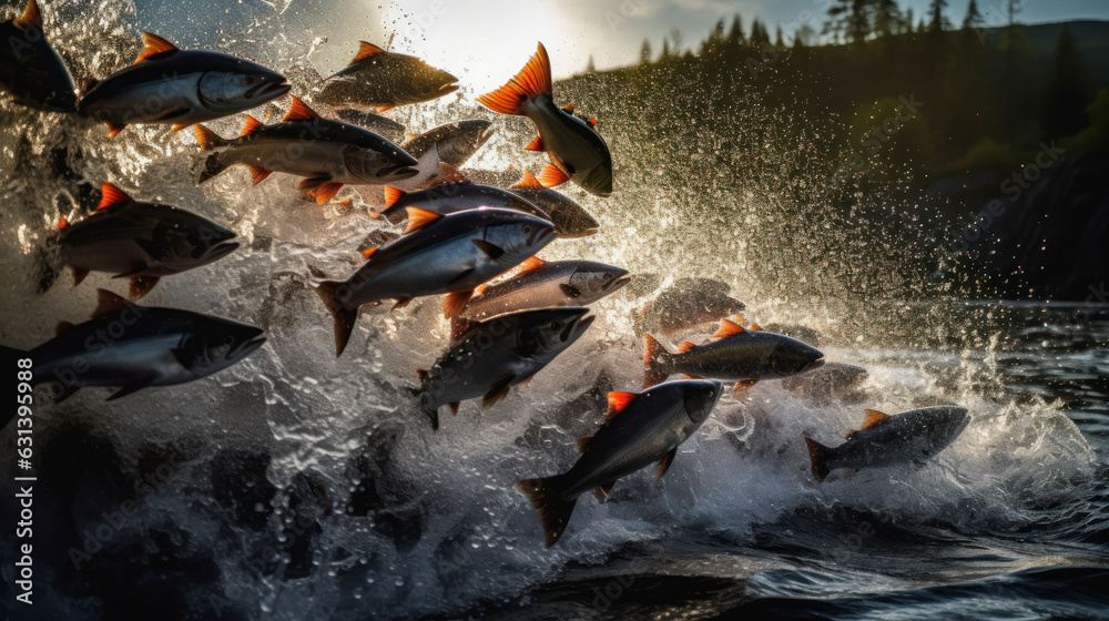 A herd of salmon leaped from the swift river Its silver scales glistened in the sunlight