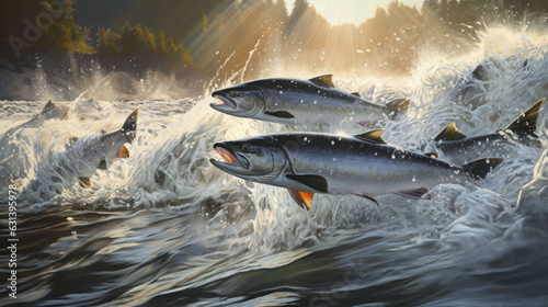 A herd of salmon leaped from the swift river Its silver scales glistened in the sunlight photo