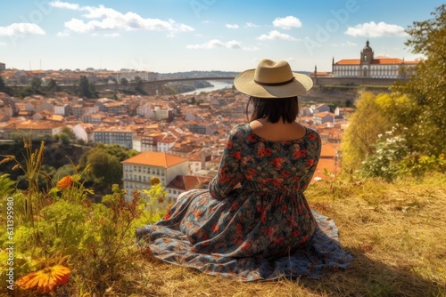 Back view of a female traveler observing the landscape of a beautiful town, AI generated