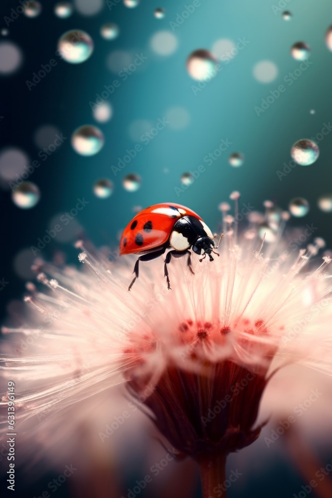 Ladybug on the dandelion, in the style of grandiose color schemes. Close up shot. Light red and light navy.