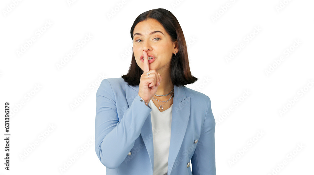 Secret, portrait and business woman with finger on lips isolated on transparent png background for privacy. Face of worker, whisper gesture and quiet emoji for confidential news, surprise and drama Secret, portrait and business woman with finger on lips isolated on transparent png background for privacy. Face of worker, whisper gesture and quiet emoji for confidential news, surprise and drama