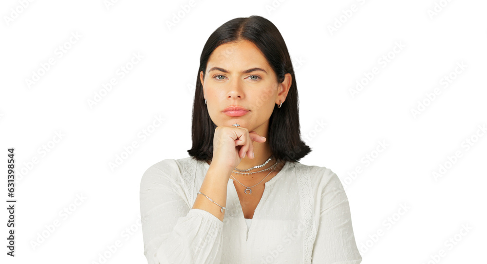 Thinking, serious and portrait of a young woman isolated on a transparent, png background. Question, suspicious and a female person with hand on chin for plan with doubt, emoji or problem solving Thinking, serious and portrait of a young woman isolated on a transparent, png background. Question, suspicious and a female person with hand on chin for plan with doubt, emoji or problem solving