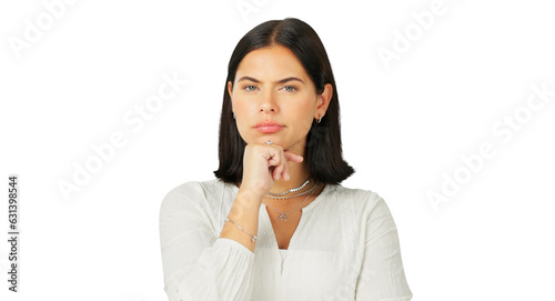 Thinking, serious and portrait of a young woman isolated on a transparent, png background. Question, suspicious and a female person with hand on chin for plan with doubt, emoji or problem solving