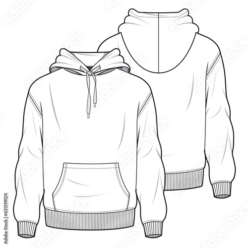 pullover hoodie front and back view flat sketch vector illustration mockup template