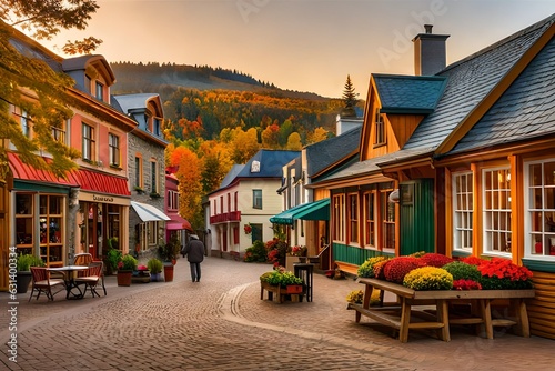Street in the old town Mont-Tremblant village intimate square in fall in Canada.