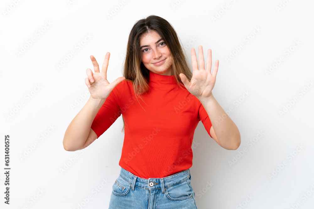 Young caucasian woman isolated on white background counting eight with fingers Young caucasian woman isolated on white background counting eight with fingers