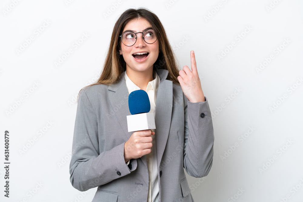 Young caucasian TV presenter woman isolated on white background thinking an idea pointing the finger up Young caucasian TV presenter woman isolated on white background thinking an idea pointing the finger up