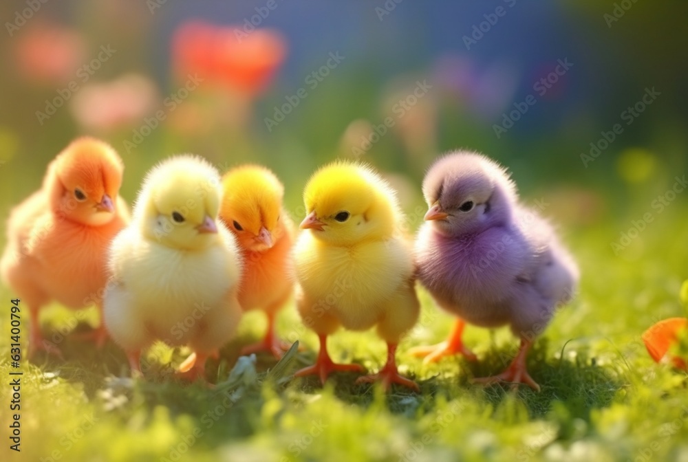 a group of cute chicks in a green grass garden with blurred sun light background. generative ai