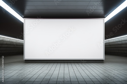 A mockup of horizontal blank advertising banners and posters displayed in an underground tunnel walkway. This space is designated for out of home advertising and is equipped with a lightbox for
