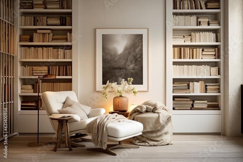 A lounge area featuring a personal collection of books and a comfortable armchair in a clean white shade. © 2rogan
