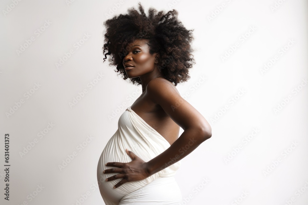 Pregnant woman hugging her belly in studio on white background, AI generated