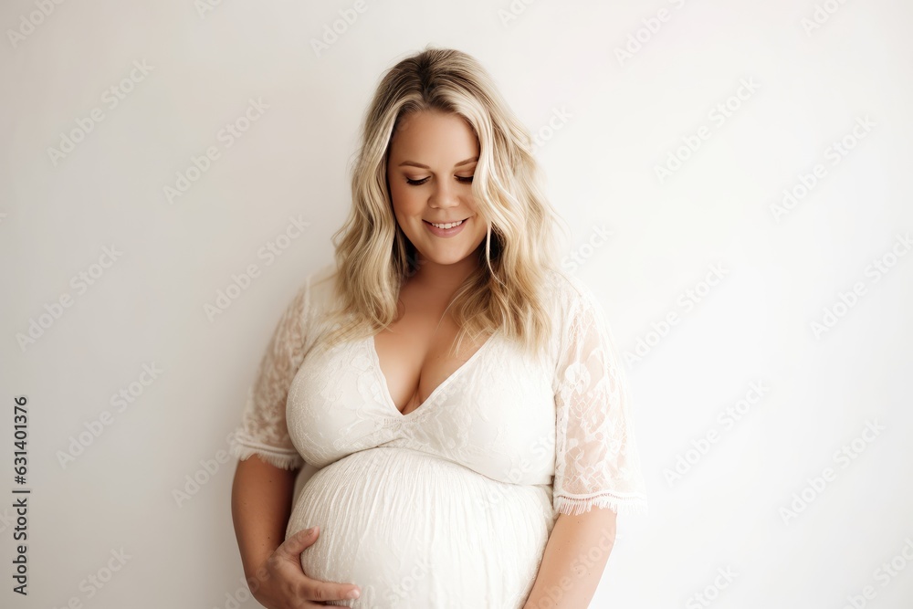 Pregnant woman hugging her belly in studio on white background, AI generated Pregnant woman hugging her belly in studio on white background, AI generated