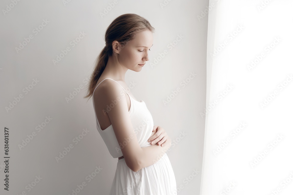 Pregnant woman hugging her belly in studio on white background, AI generated Pregnant woman hugging her belly in studio on white background, AI generated