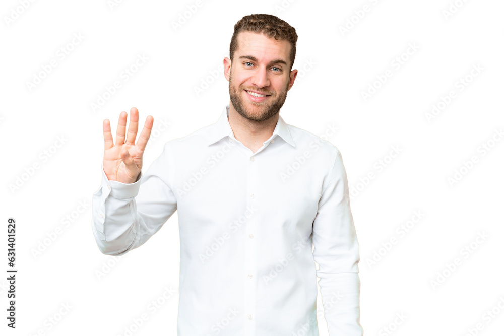Young handsome blonde man over isolated chroma key background happy and counting four with fingers Young handsome blonde man over isolated chroma key background happy and counting four with fingers