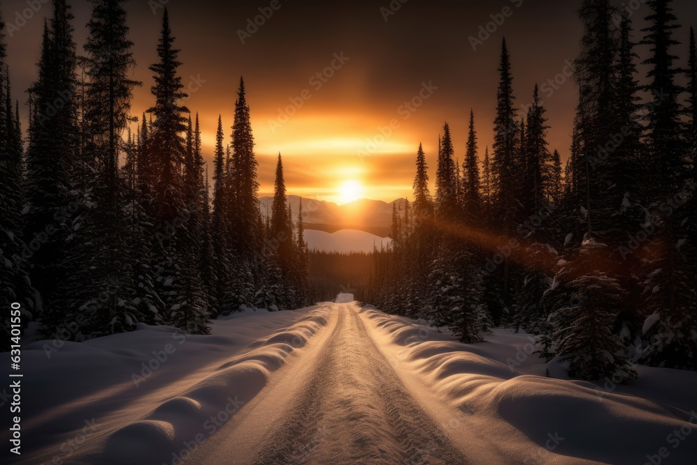Empty road winds through a winter landscape, AI generated