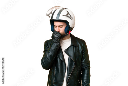 Young handsome blonde man with a motorcycle helmet over isolated chroma key background having doubts