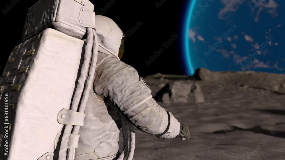 Lunar Astronaut In Space Suit Walking On the Moon. Planet Earth Is Visible. 3d rendring animation Lunar Astronaut In Space Suit Walking On the Moon. Planet Earth Is Visible. 3d rendring animation