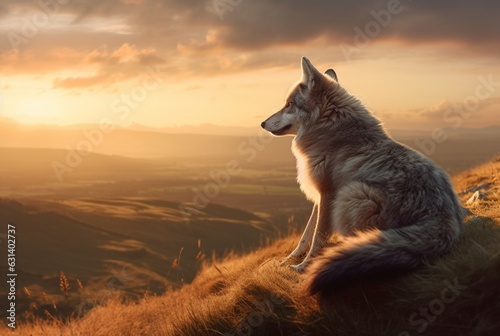 wolf on the hill with sunset view in the evening. generative ai