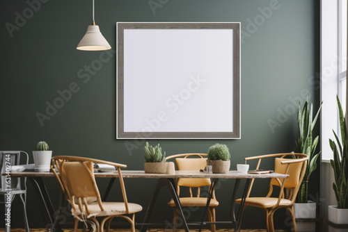 Cozy interior with empty square poster frame, Frame mockup in interior, © alisaaa