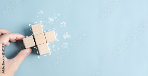 Fototapeta Naklejka Na Ścianę i Meble -  Health insurance and medical welfare concept. people hands holding plus symbol and healthcare medical icon, health and access healthcare...