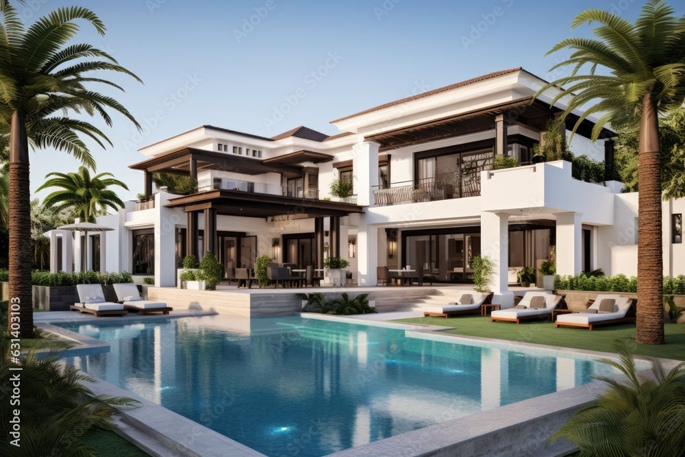 A lavish villa is designed with elegance and artistic flair for its exterior. It boasts a beautiful pool area and is complemented by a stylishly furnished living room and comfortable sun beds. This