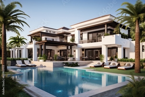 A lavish villa is designed with elegance and artistic flair for its exterior. It boasts a beautiful pool area and is complemented by a stylishly furnished living room and comfortable sun beds. This © 2rogan