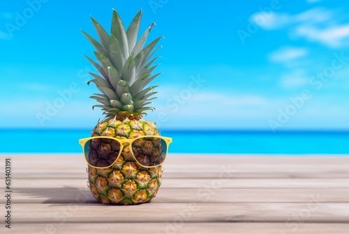Summer concept cute Pineapple fruit with glasses on wooden table with beach background and clear blue sky. generative ai